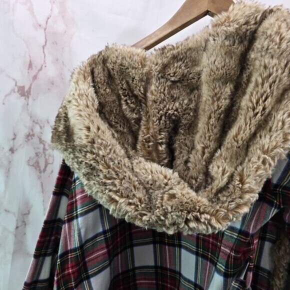 Pottery Barn Robe Women Plaid Faux Fur Hooded Flannel Holiday Christmas Stewart - Picture 7 of 14